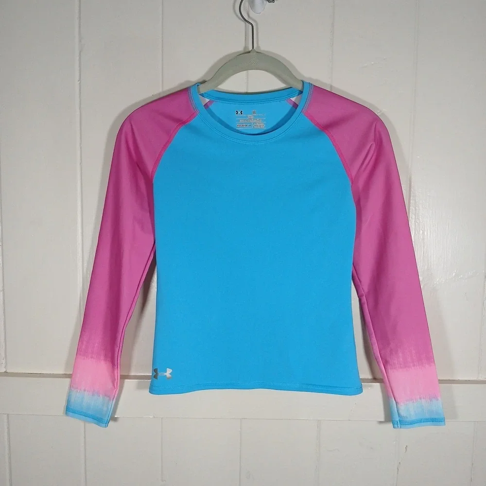 Under Armour Kids HeatGear Compression Fitted Shirt Blue Pink Ombre Size 14 Girl